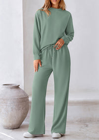 Casual Long Sleeve Pullover Tops and Wide Leg Pants Knitted Two Piece Sets