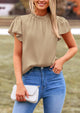Satin Dressy Casual Ruffle Short Sleeve Crew Neck Work Party Blouses
