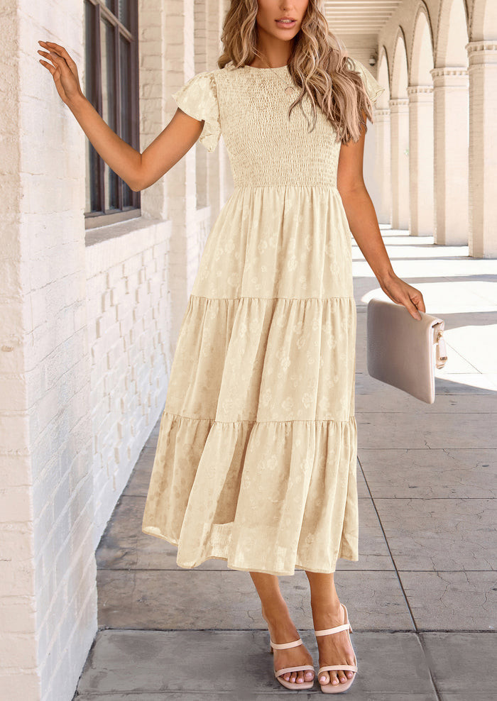 Floral  Summer Cap Sleeve Smocked Ruffle A Line Long Flowy Wedding Guest Midi Dresses
