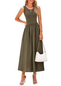 Casual Sleeveless Striped Ribbed Knit Long Dresses Beach Vacation Sundress