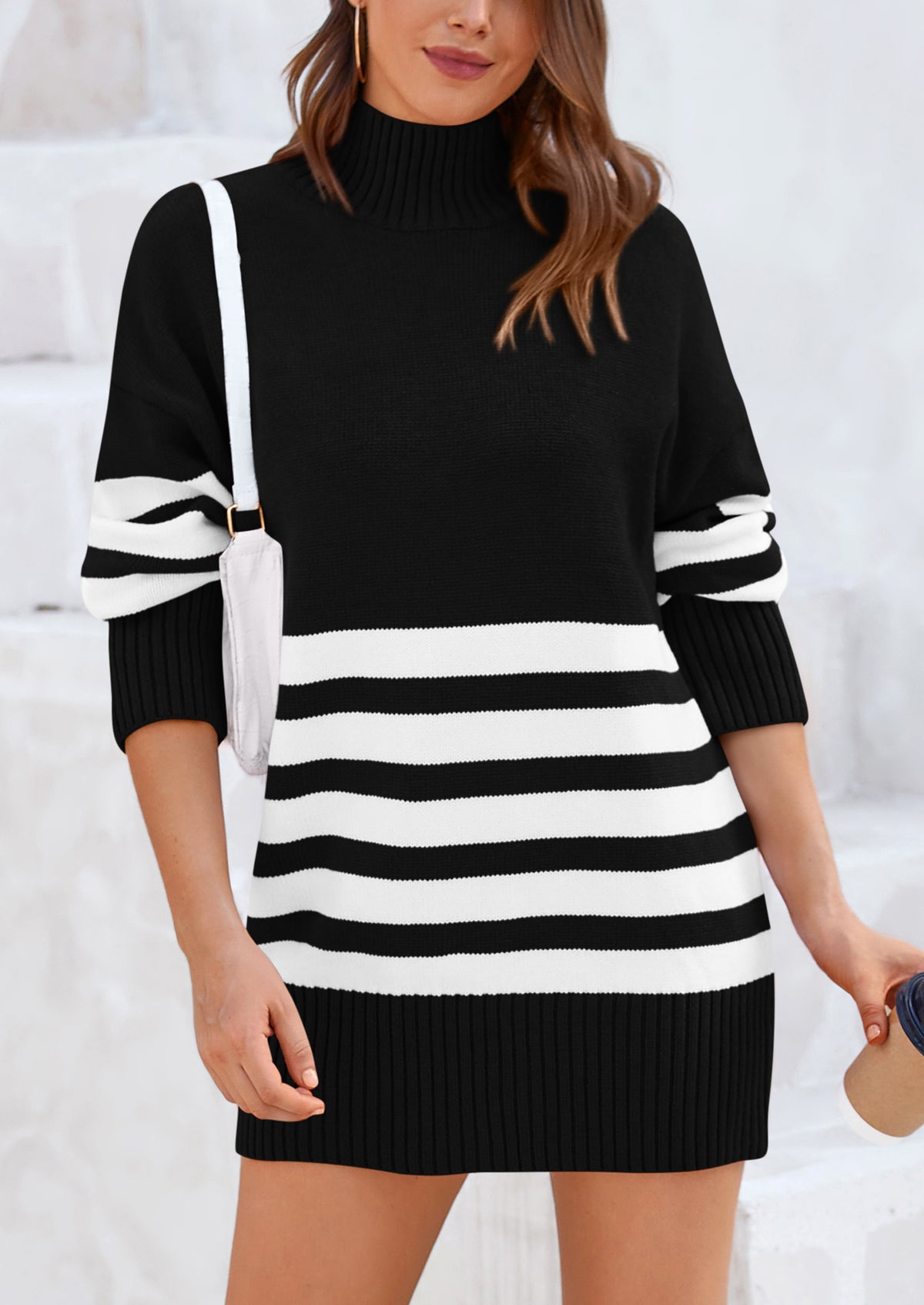 Striped Turtleneck Long Sleeve Loose Fit Chunky Knit Casual Mini Sweater Dresses