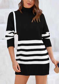 Striped Turtleneck Long Sleeve Loose Fit Chunky Knit Casual Mini Sweater Dresses