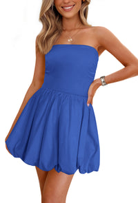 Tube Top Casual Smocked A Line Sundress Trendy Strapless Bubble Short Mini Dresses