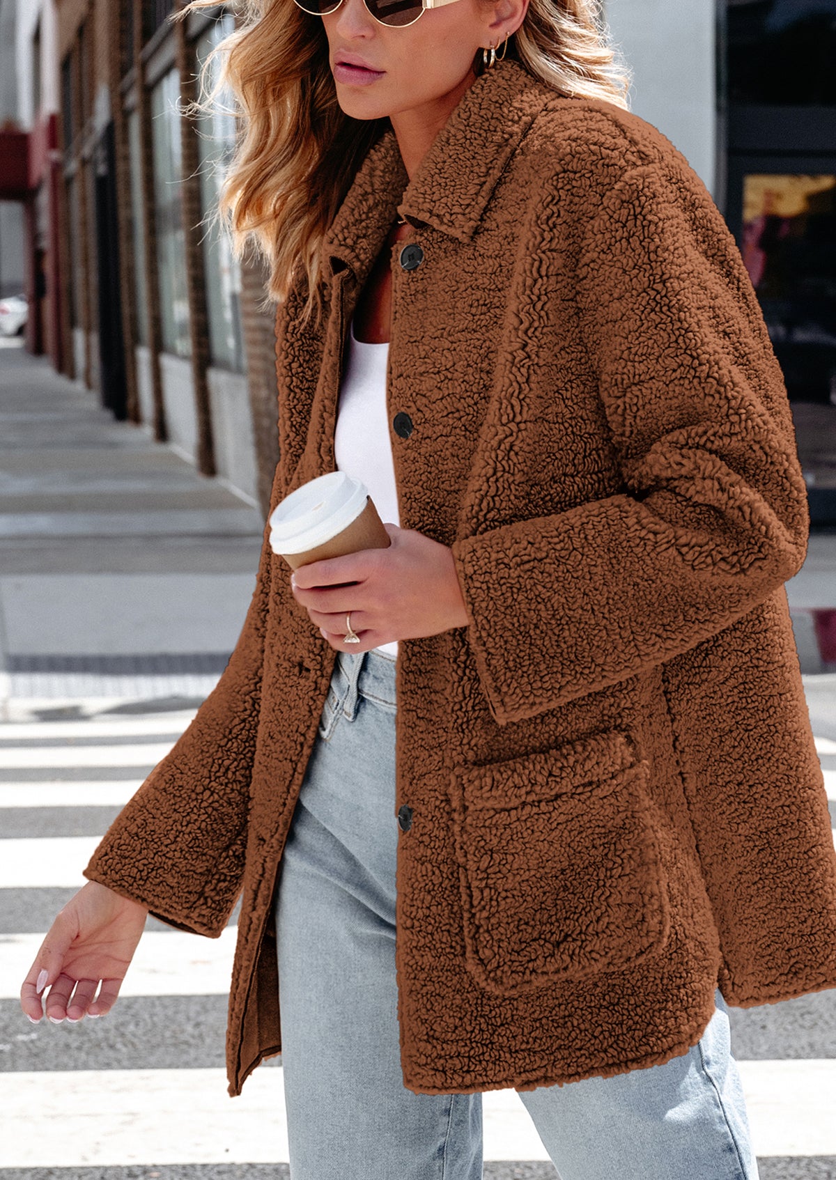 Long Sleeve Lapel Button Down Pockets Fleece Faux Fur Coats