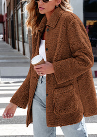 Long Sleeve Lapel Button Down Pockets Fleece Faux Fur Coats