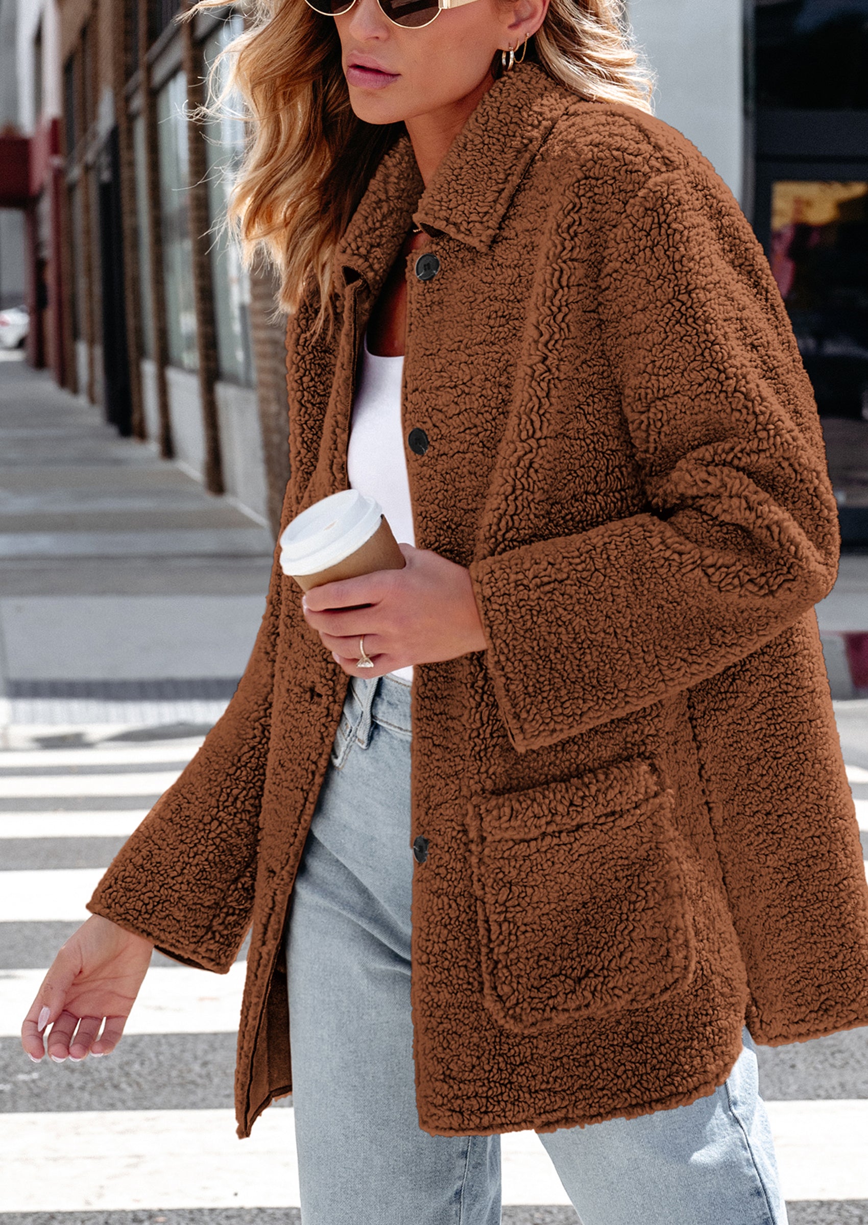PRETTYGARDEN Women's Winter Faux Fur Coats Long Sleeve Lapel Button Down Pockets Fleece Sherpa Jacket Casual Trendy Outerwear
