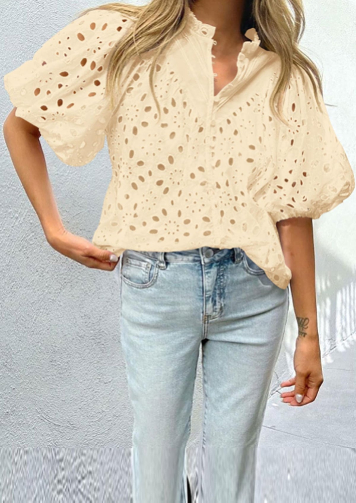 Casual Short Lantern Sleeve V Neck Buttons Hollow Out Lace Embroidered Blouses