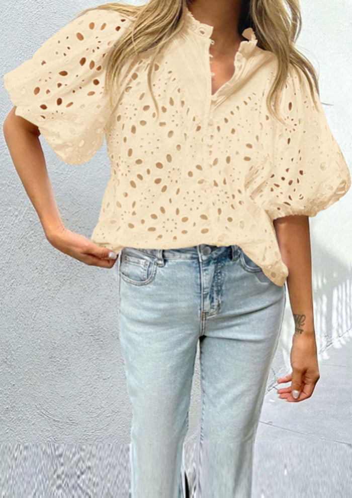 Casual Short Lantern Sleeve V Neck Buttons Hollow Out Lace Embroidered Blouses