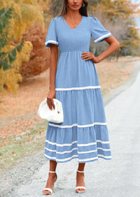 PRETTYGARDEN Women's Casual Summer Maxi Dress Short Sleeve Swiss Dot V Neck Smocked Long Flowy Beach Dresses