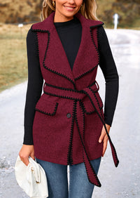 Tweed Sleeveless Lapel Button Front Belt Color Block Vest Jackets