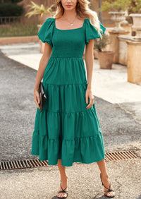 Casual Short Sleeved Square Neck Layered Pleated Dress