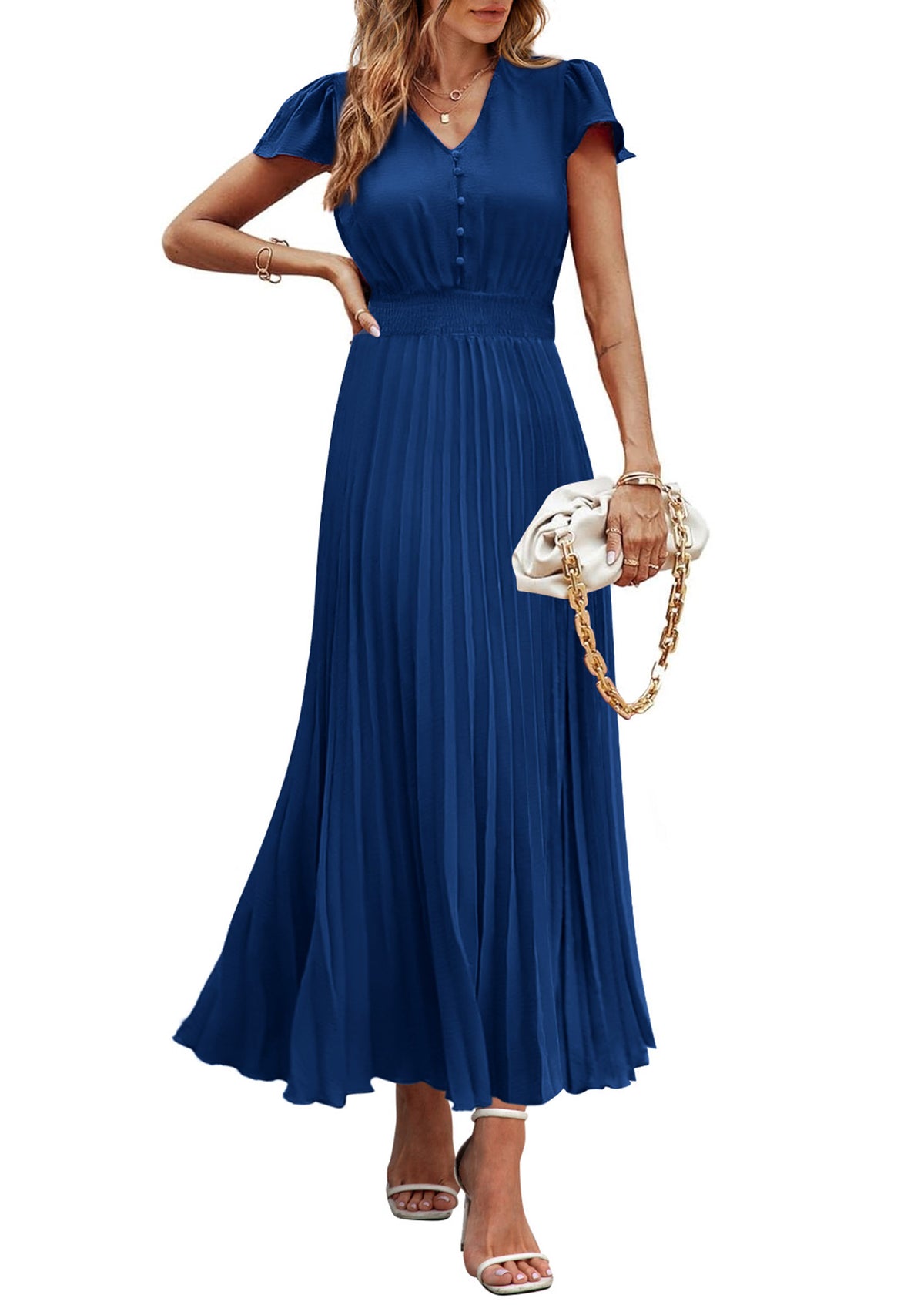 Casual Button V Neck Ruffle Cap Sleeve Long Flowy Pleated Maxi Dresses