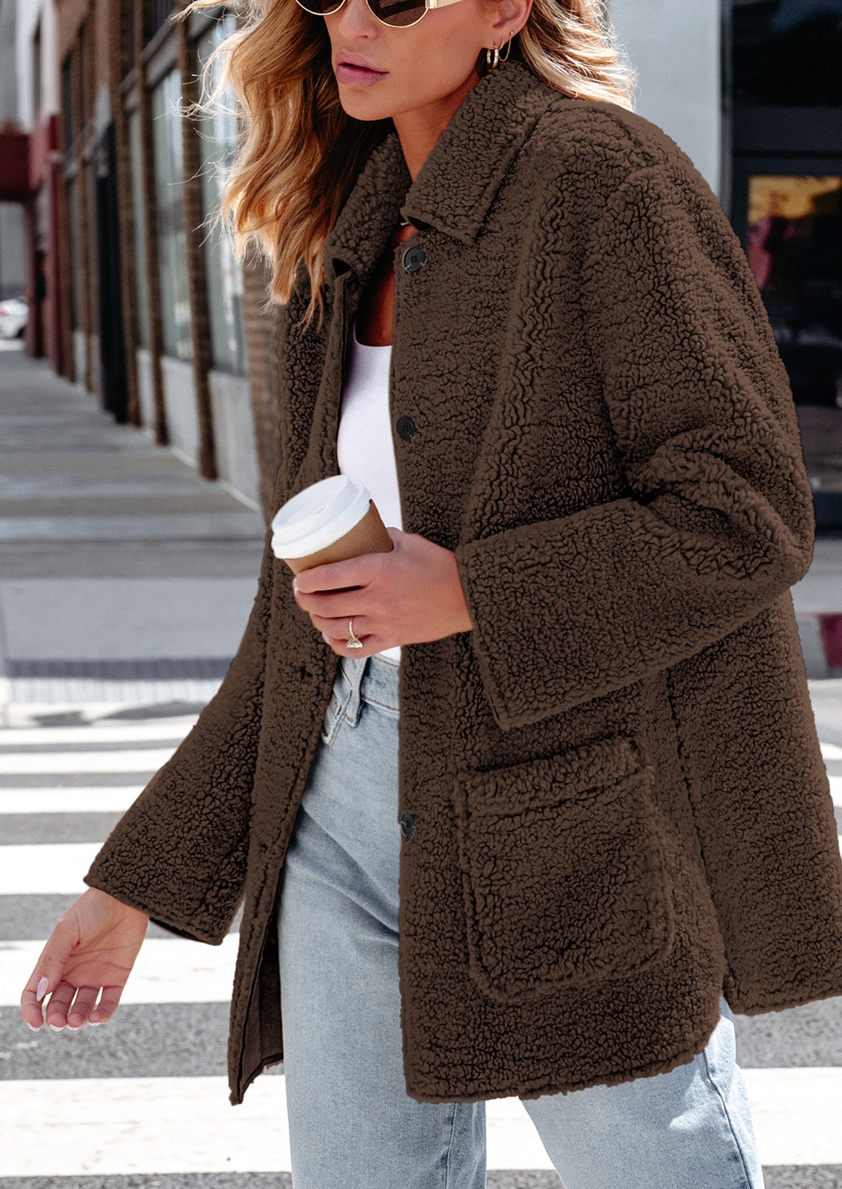 Long Sleeve Lapel Button Down Pockets Fleece Faux Fur Coats