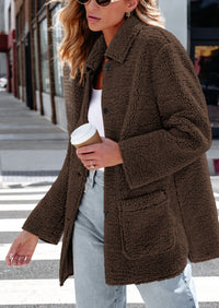 Long Sleeve Lapel Button Down Pockets Fleece Faux Fur Coats