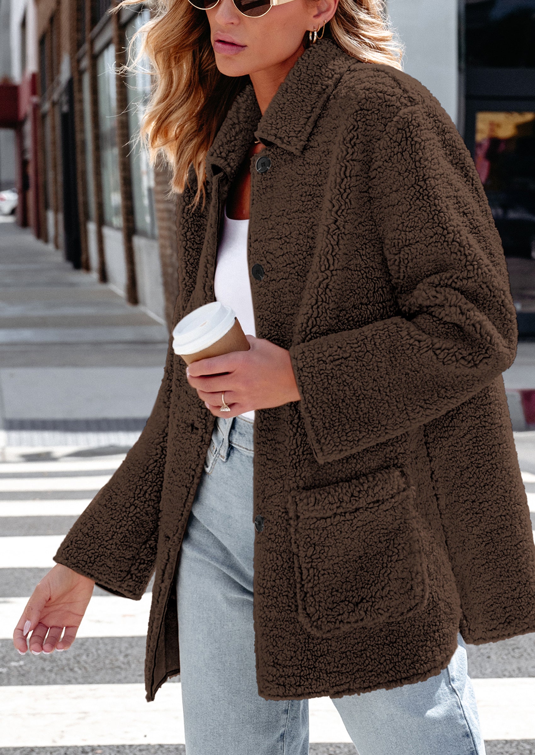 PRETTYGARDEN Women's Winter Faux Fur Coats Long Sleeve Lapel Button Down Pockets Fleece Sherpa Jacket Casual Trendy Outerwear