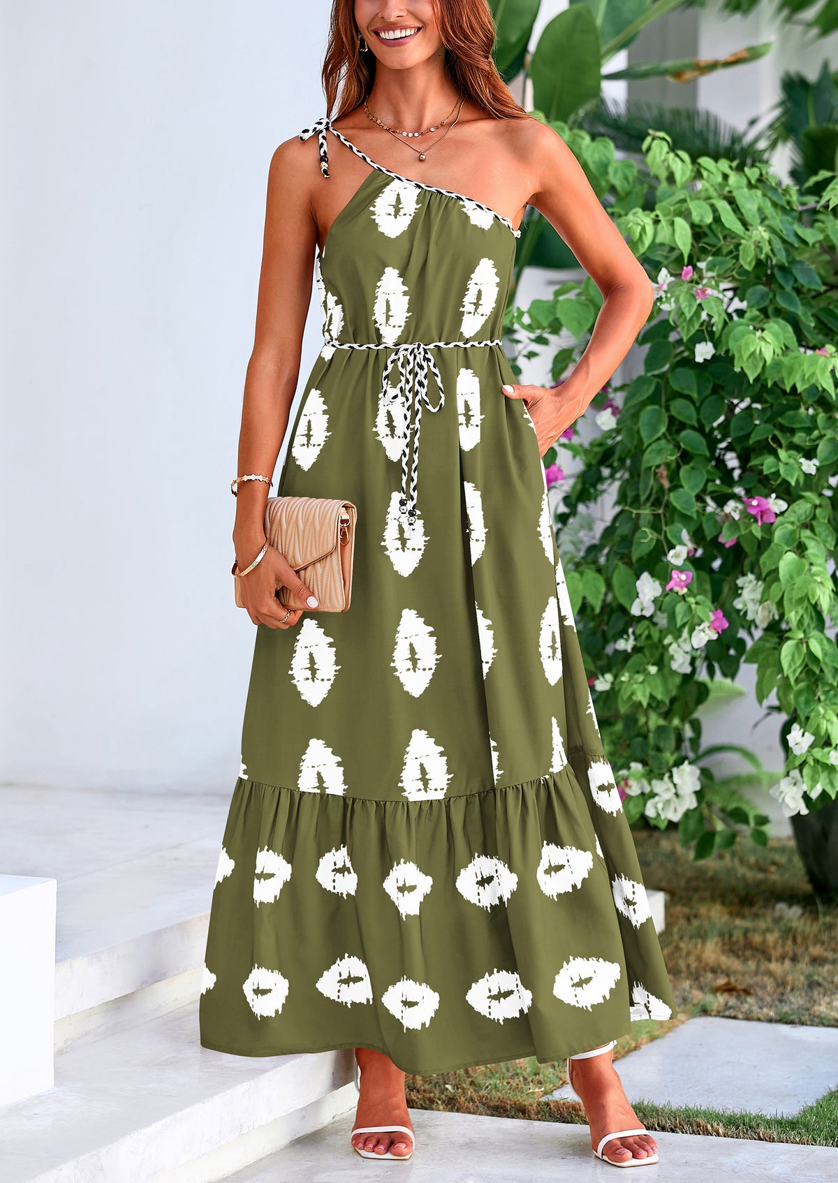 One Shoulder Spaghetti Strap Printed A Line Flowy Boho Maxi Long Sundress