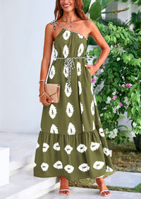 One Shoulder Spaghetti Strap Printed A Line Flowy Boho Maxi Long Sundress