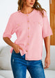 Button Down Casual Short Sleeve Crew Neck Ribbed Knit Shirts