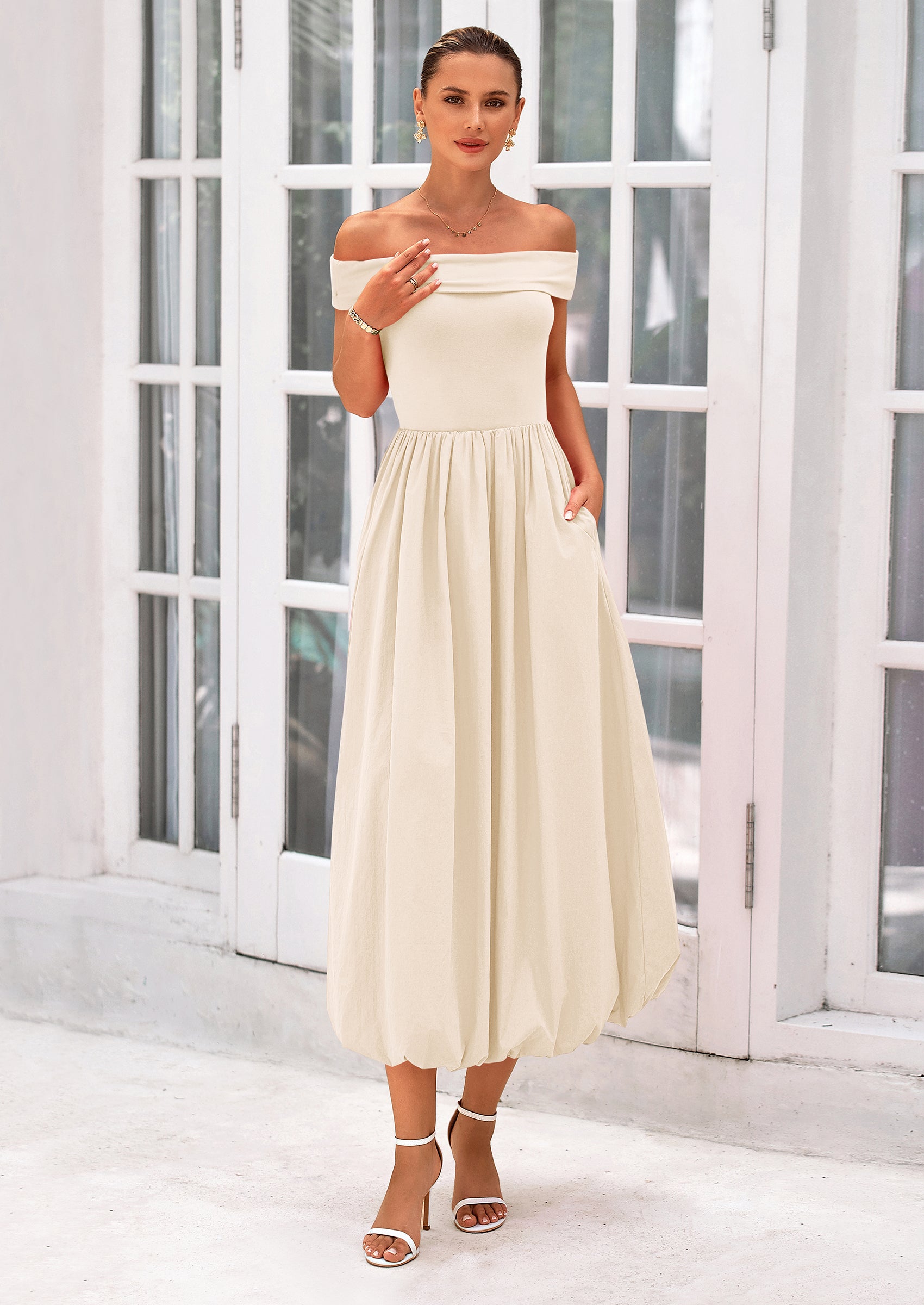 PRETTYGARDEN Womens Summer Off Shoulder Sleeveless Midi Dress Cocktail A Line Flowy Wedding Guest Dresses with Pockets