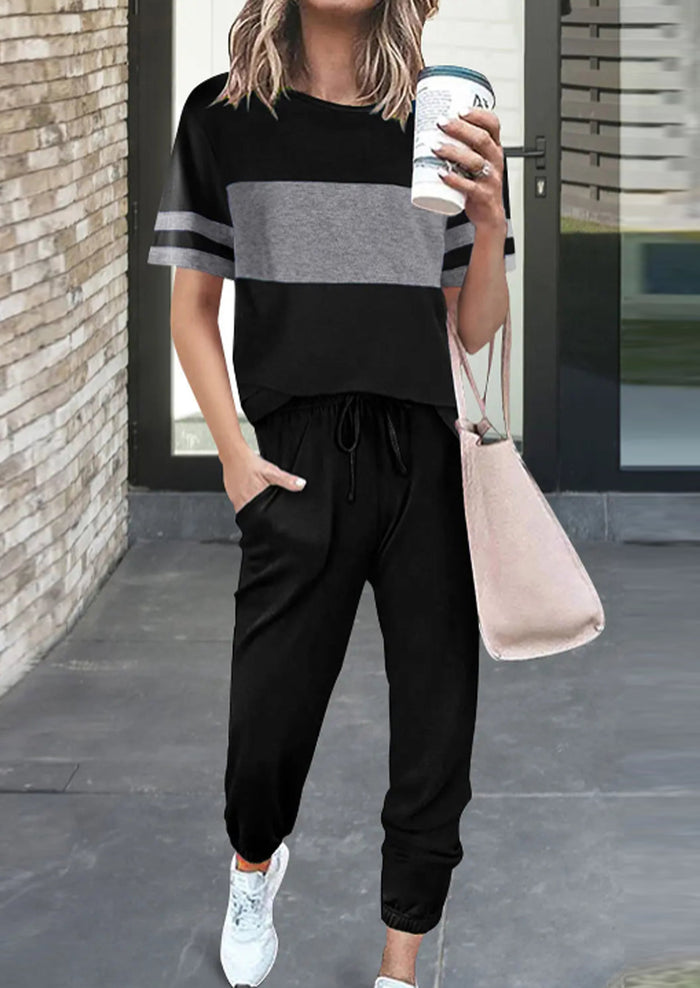 Short Sleeve Pullover Drawstring Long Pants Two Piece Sets