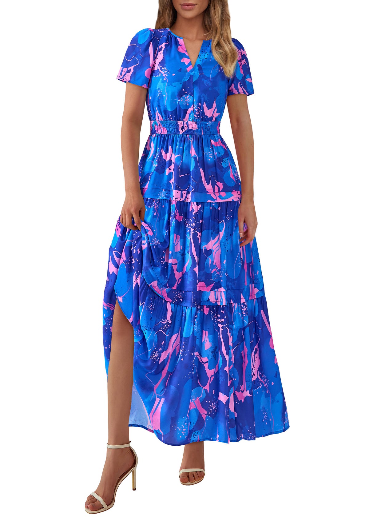 Boho Floral Short Sleeve V Neck A Line Tiered Ruffle Flowy Long Beach Vacation Maxi Dresses