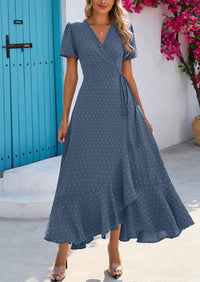 Leisure Bohemian Flower V-Neck Short Sleeved Ruffled Beach Long Skirt