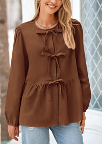 Babydoll Peplum Puff Long Sleeve Bow Tie Front Y2K Blouses