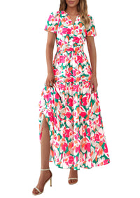 Boho Floral Short Sleeve V Neck A Line Tiered Ruffle Flowy Long Beach Vacation Maxi Dresses