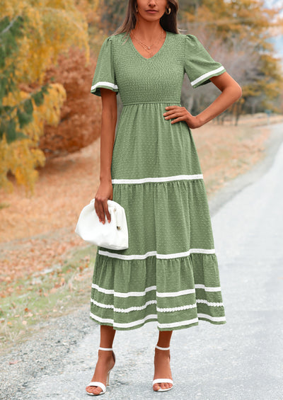 PRETTYGARDEN Women's Casual Summer Maxi Dress Short Sleeve Swiss Dot V Neck Smocked Long Flowy Beach Dresses