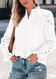 Puff Long Sleeve Button V Neck Hollow Out Lace Embroidered Casual Pullover Blouses