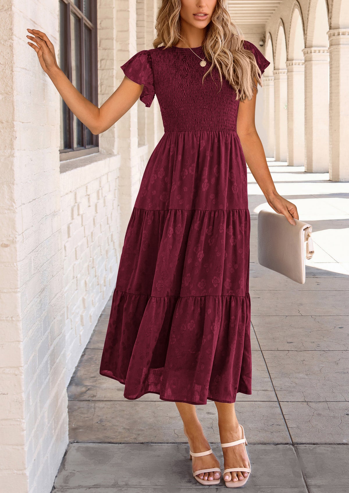 Floral  Summer Cap Sleeve Smocked Ruffle A Line Long Flowy Wedding Guest Midi Dresses