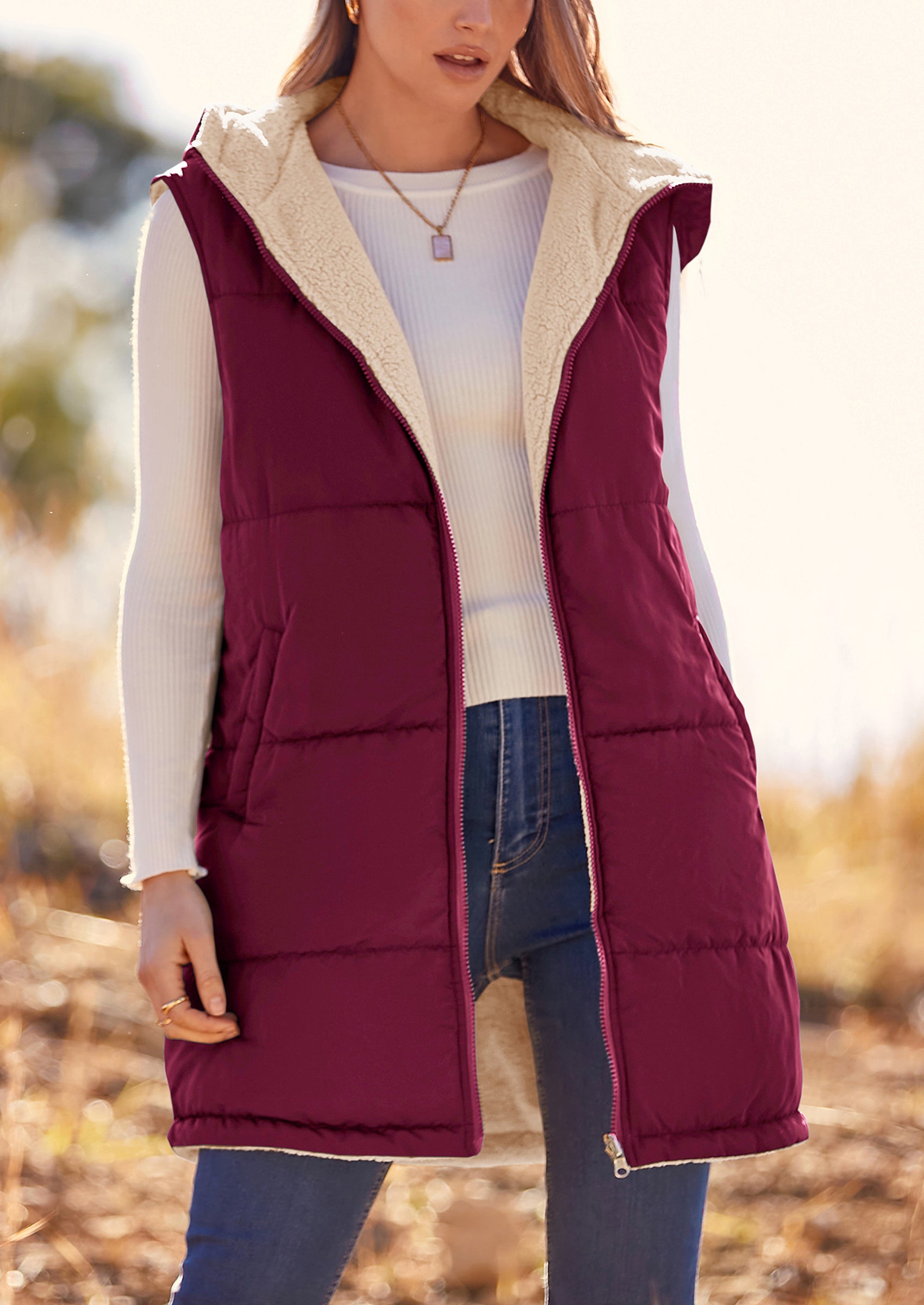 PRETTYGARDEN Womens Fall Reversible Vests Sleeveless Fleece Jacket Zip Up Hoodie Pockets Long Warm Winter Coat Outerwear