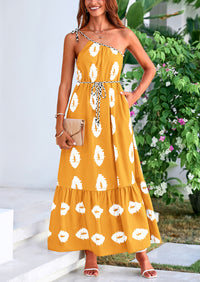 One Shoulder Spaghetti Strap Printed A Line Flowy Boho Maxi Long Sundress
