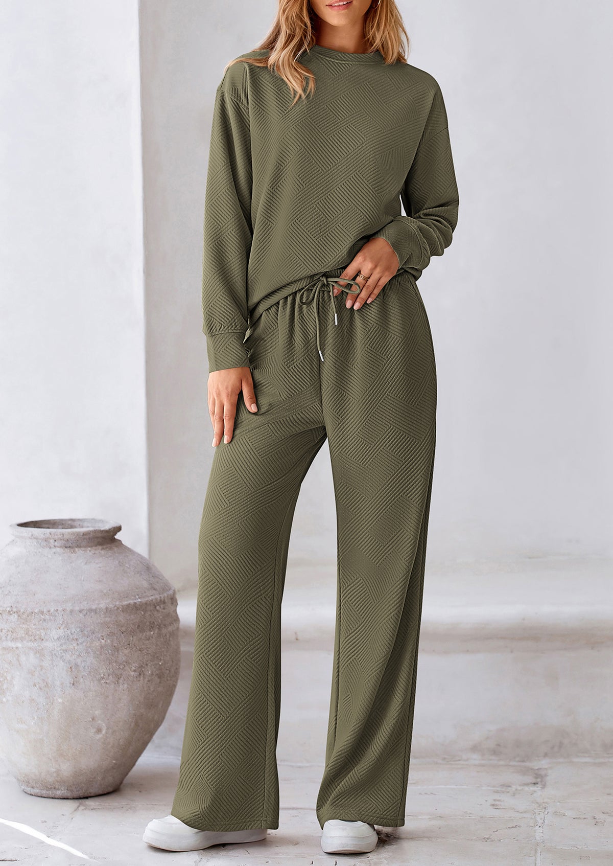 Casual Long Sleeve Pullover Tops and Wide Leg Pants Knitted Two Piece Sets