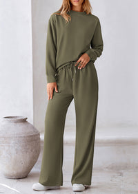 Casual Long Sleeve Pullover Tops and Wide Leg Pants Knitted Two Piece Sets