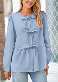 Babydoll Peplum Puff Long Sleeve Bow Tie Front Y2K Blouses