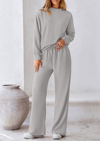 Casual Long Sleeve Pullover Tops and Wide Leg Pants Knitted Two Piece Sets