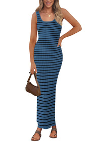 Casual Sleeveless Striped Ribbed Knit Beach Vacation Sundress Tank Midi Dress