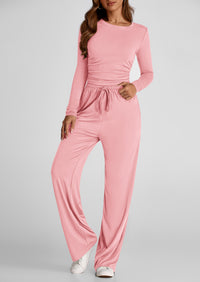 Long Sleeve Crop Tee Wide Leg Pants Two Piece Sets