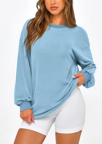 Long Sleeve Casual Loose Crew Neck Ribbed Blouse