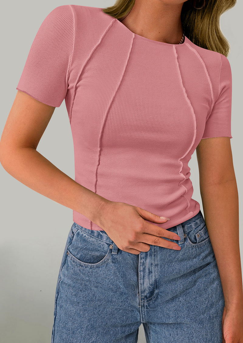 KIRUNDO Ribbed Short Sleeve Tops for Women Summer Casual Crew Neck Cute Crop Basic Tees Slim Fit Exposed Seams T Shirts