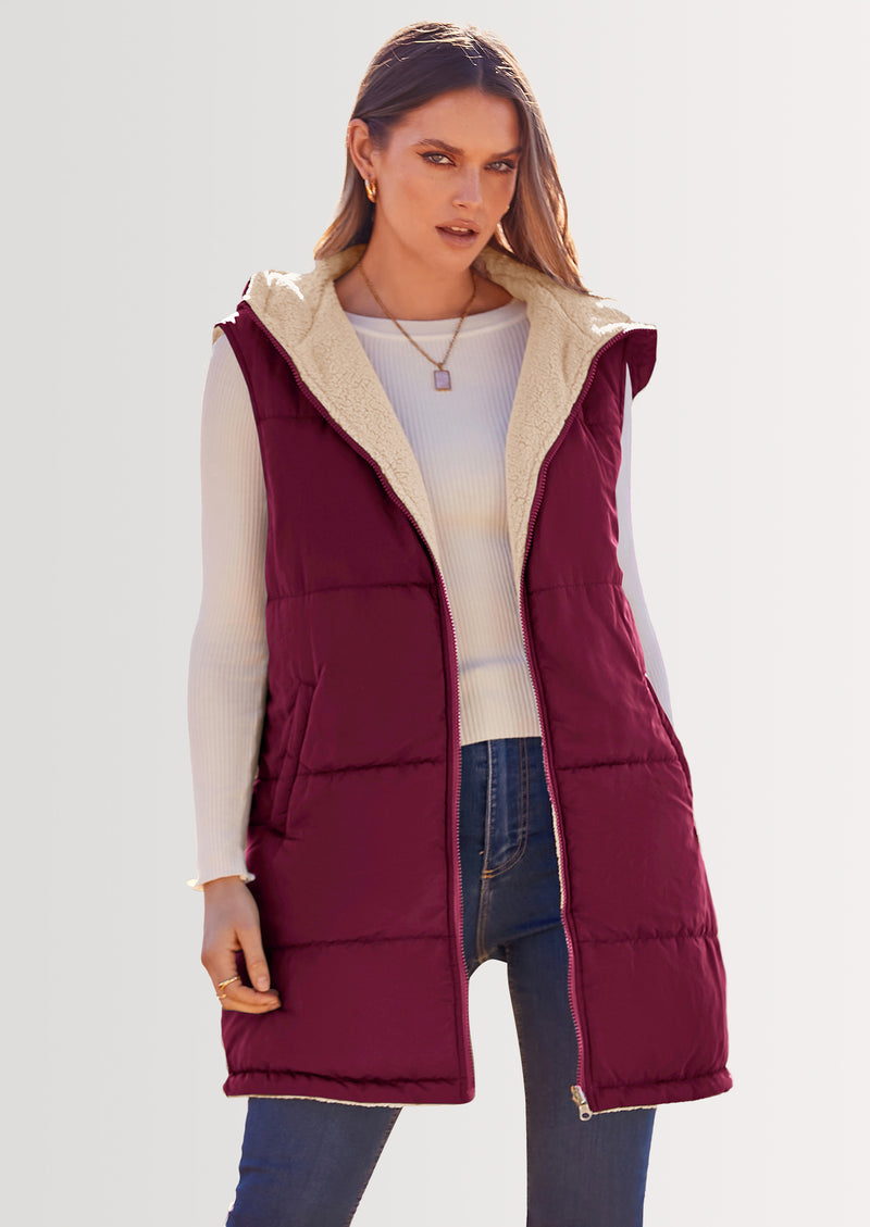 PRETTYGARDEN Womens Fall Reversible Vests Sleeveless Fleece Jacket Zip Up Hoodie Pockets Long Warm Winter Coat Outerwear