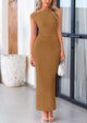 Sleeveless One Shoulder Bodycon Ruched Slit Mesh Maxi Dresses