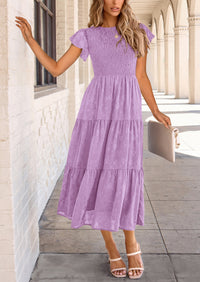 Floral  Summer Cap Sleeve Smocked Ruffle A Line Long Flowy Wedding Guest Midi Dresses