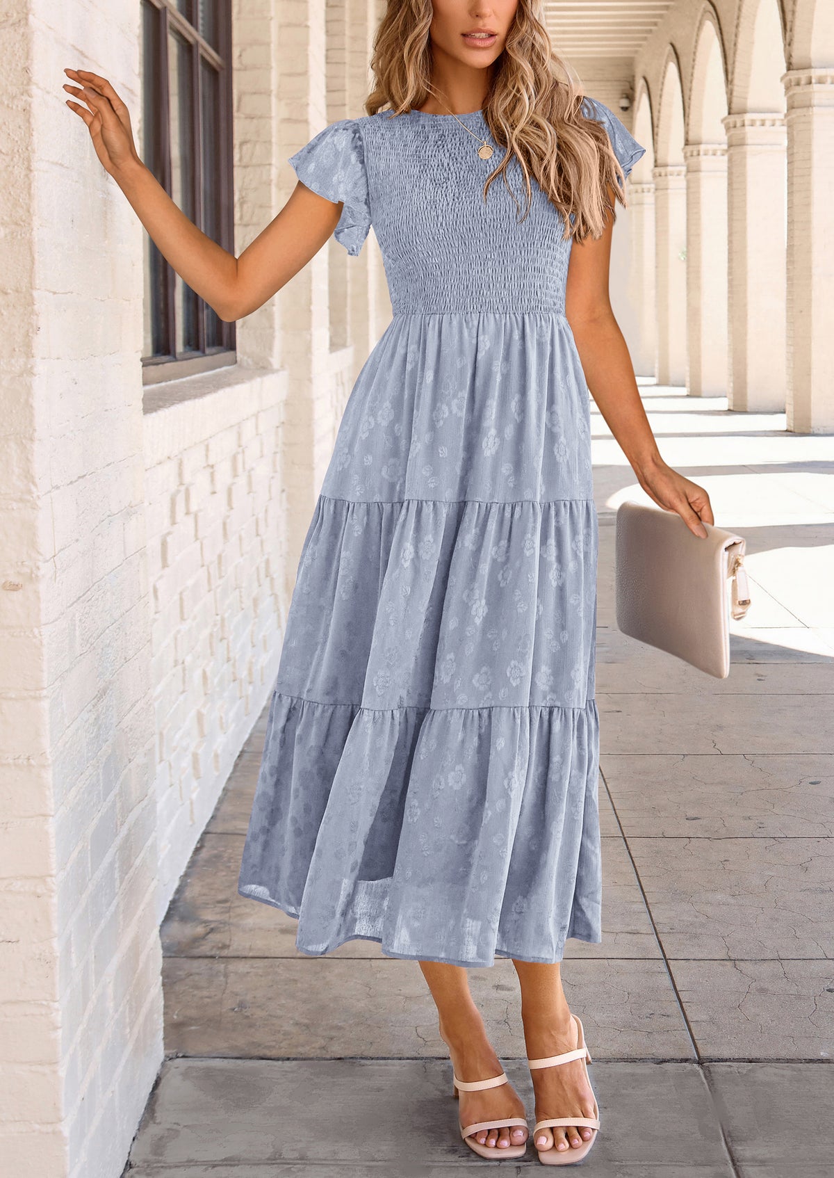 Floral  Summer Cap Sleeve Smocked Ruffle A Line Long Flowy Wedding Guest Midi Dresses