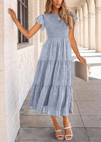 Floral  Summer Cap Sleeve Smocked Ruffle A Line Long Flowy Wedding Guest Midi Dresses