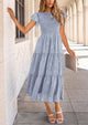 Floral  Summer Cap Sleeve Smocked Ruffle A Line Long Flowy Wedding Guest Midi Dresses