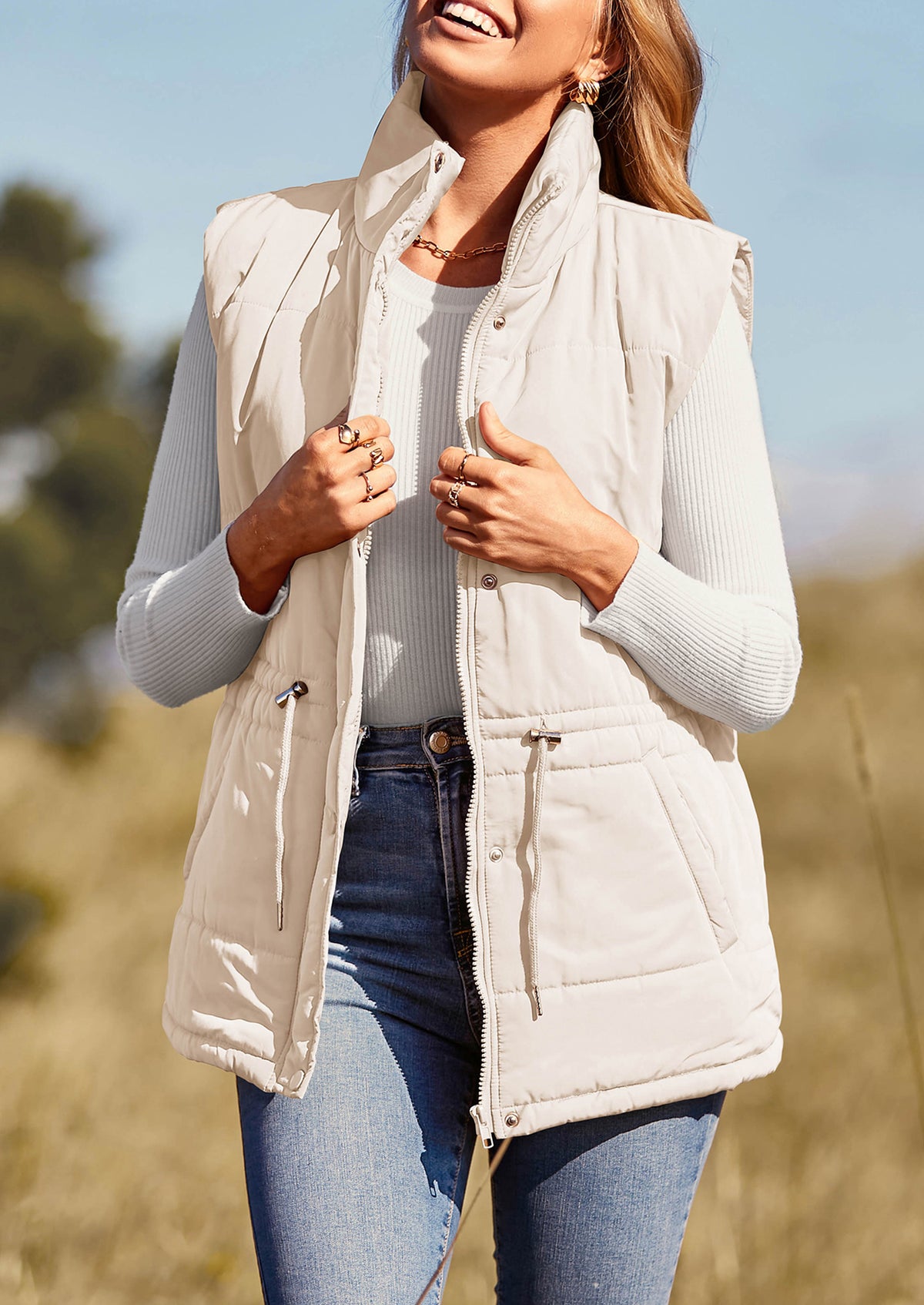 Casual Button Zipper Vest, Drawstring Sleeveless Jacket