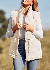 Casual Button Zipper Vest, Drawstring Sleeveless Jacket
