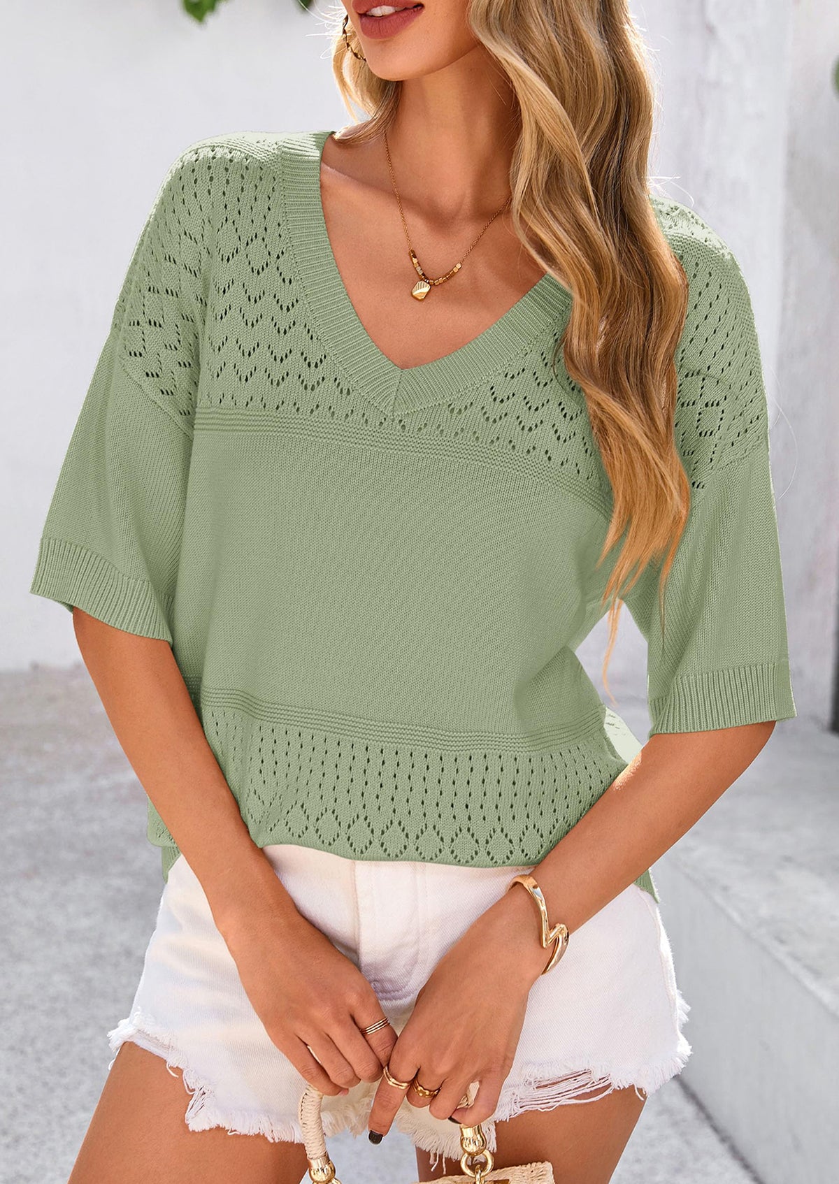Short Sleeved Casual V-Neck Knitted Small Eye Shirt